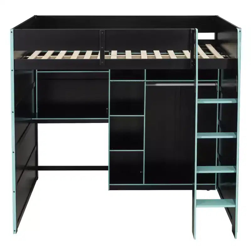 Lit mezzanine en bois avec bureau, penderie ouverte et éclairage RGB