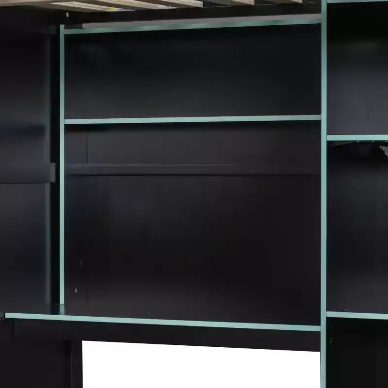 Lit mezzanine en bois avec bureau, penderie ouverte et éclairage RGB