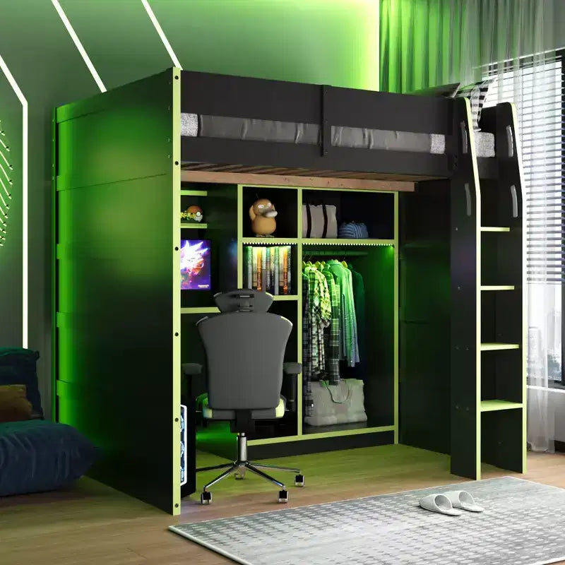 Lit mezzanine en bois avec bureau, penderie ouverte et éclairage RGB