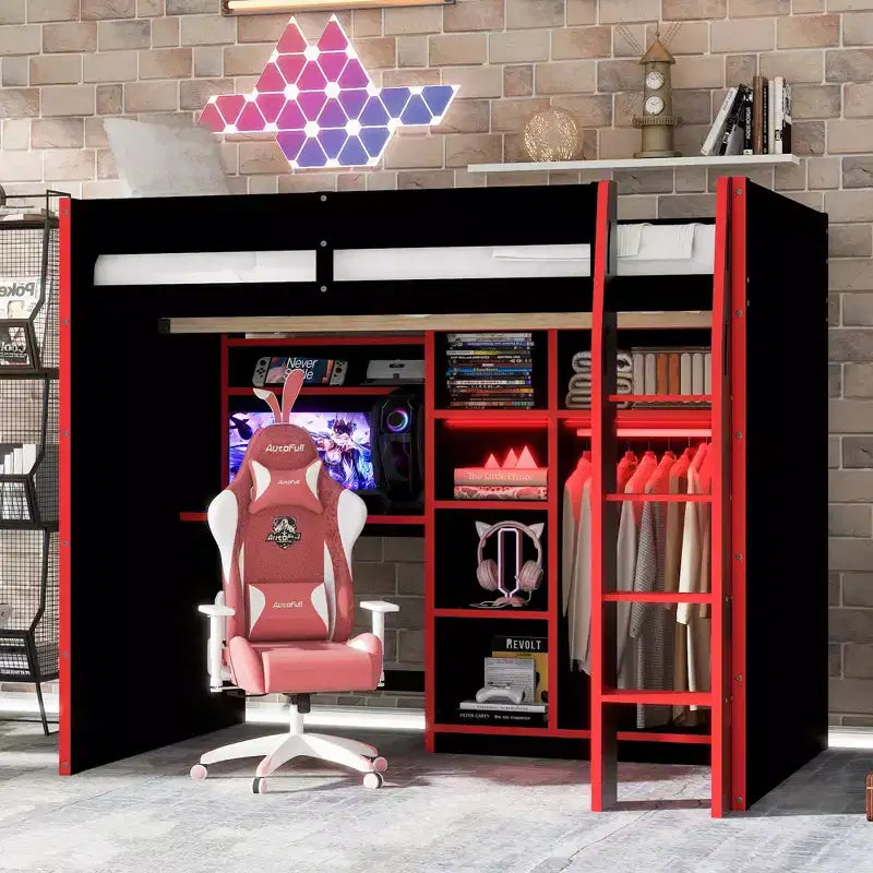 Lit mezzanine en bois avec bureau, penderie ouverte et éclairage RGB