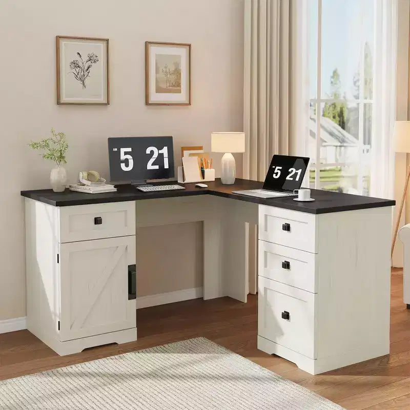 Bureau de direction d’angle en L de 60 style ferme pour bureau à domicile, avec tiroir-classeur, meuble de rangement et étagère réglable