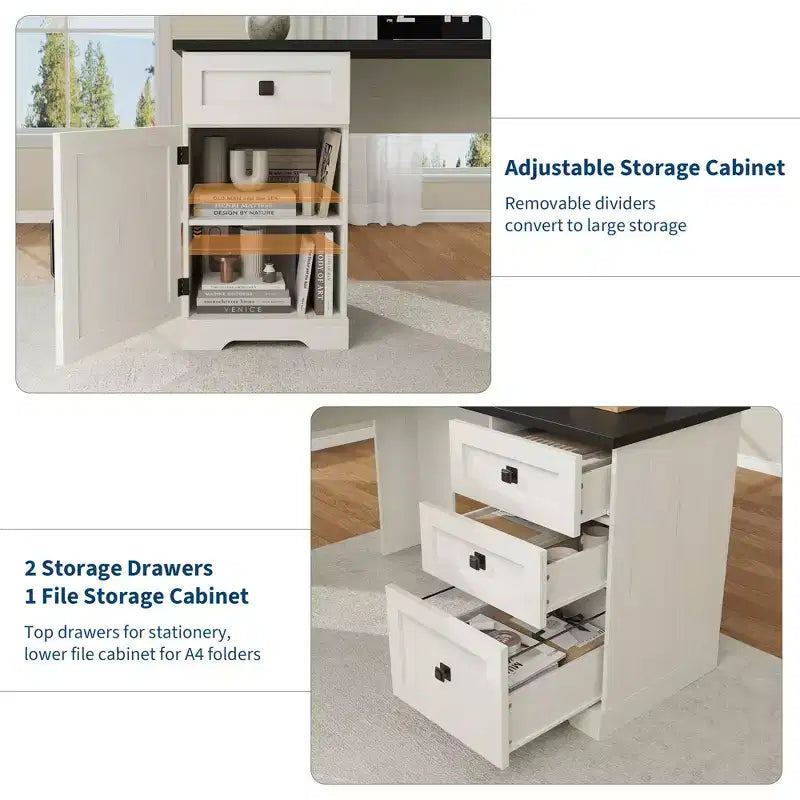 Bureau de direction d’angle en L de 60 style ferme pour bureau à domicile, avec tiroir-classeur, meuble de rangement et étagère réglable