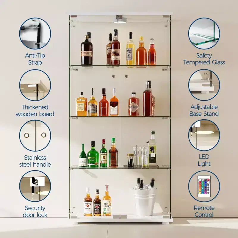 Vitrinenschrank mit 4 Etagen aus gehärtetem Glas, Ganzglas-Vitrinenschrank mit LED-Leuchten und Bewegungssensor, Aufbewahrungsschrank für Sammlerstücke und Dekoration