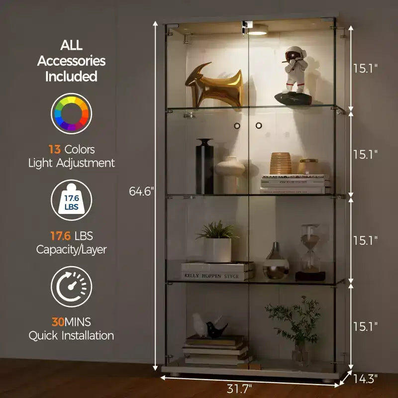 Vitrinenschrank mit 4 Etagen aus gehärtetem Glas, Ganzglas-Vitrinenschrank mit LED-Leuchten und Bewegungssensor, Aufbewahrungsschrank für Sammlerstücke und Dekoration