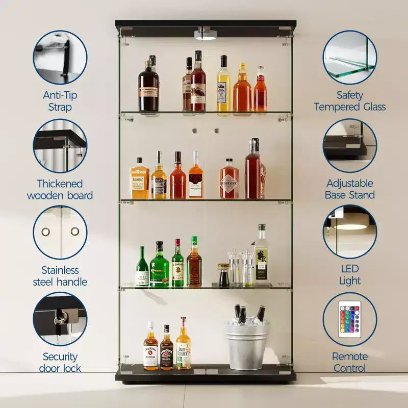 Vitrinenschrank mit 4 Etagen aus gehärtetem Glas, Ganzglas-Vitrinenschrank mit LED-Leuchten und Bewegungssensor, Aufbewahrungsschrank für Sammlerstücke und Dekoration