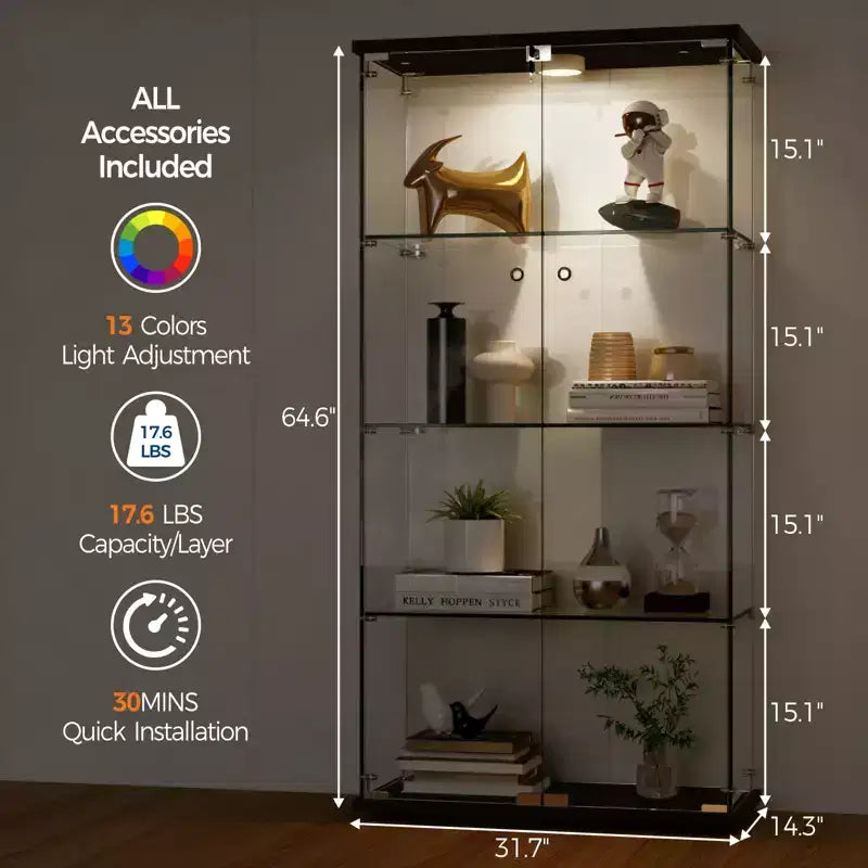 Vitrinenschrank mit 4 Etagen aus gehärtetem Glas, Ganzglas-Vitrinenschrank mit LED-Leuchten und Bewegungssensor, Aufbewahrungsschrank für Sammlerstücke und Dekoration
