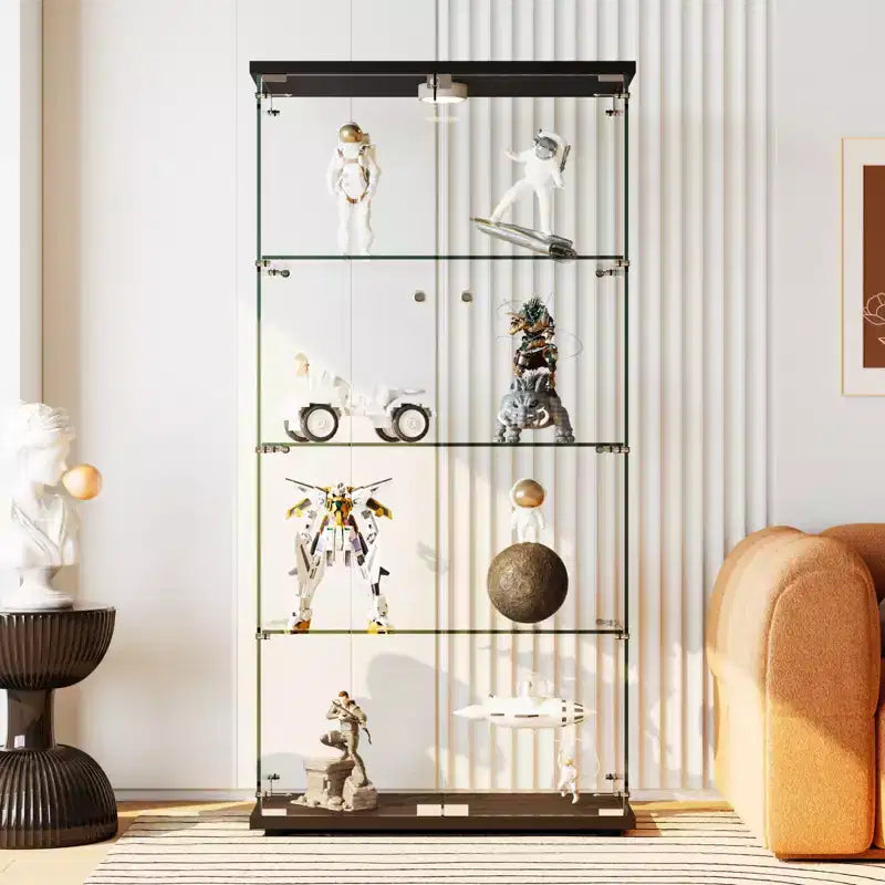 4-Tier Tempered Glass Display Cabinet, Full-Glass Curio Case with LED Lights &amp; Human Body Sensor, Storage Cabinet for Collectibles &amp; Decor