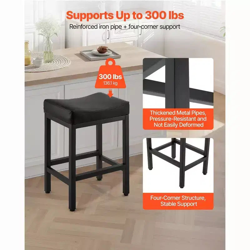 Juego de 2 taburetes de bar de altura de mostrador con asiento de silla de montar y patas metálicas - negro