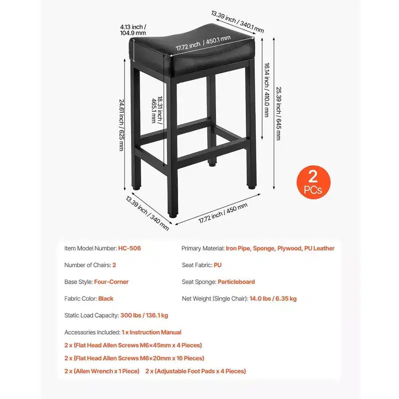 Juego de 2 taburetes de bar de altura de mostrador con asiento de silla de montar y patas metálicas - negro