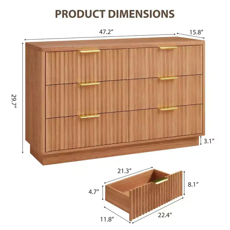 Cómoda de 6 cajones para dormitorio, cajonera acanalada de 47 para dormitorio, cómoda compacta de madera con tiradores metálicos dorados para sala de estar