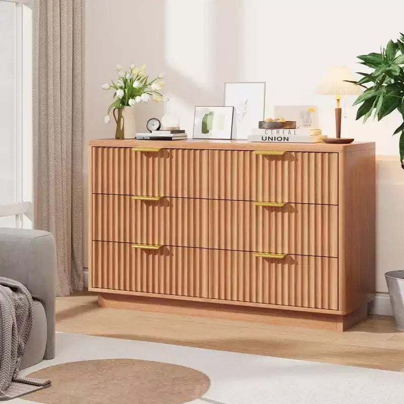 Cómoda de 6 cajones para dormitorio, cajonera acanalada de 47 para dormitorio, cómoda compacta de madera con tiradores metálicos dorados para sala de estar