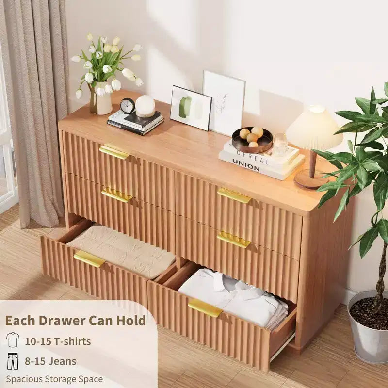 Cómoda de 6 cajones para dormitorio, cajonera acanalada de 47 para dormitorio, cómoda compacta de madera con tiradores metálicos dorados para sala de estar