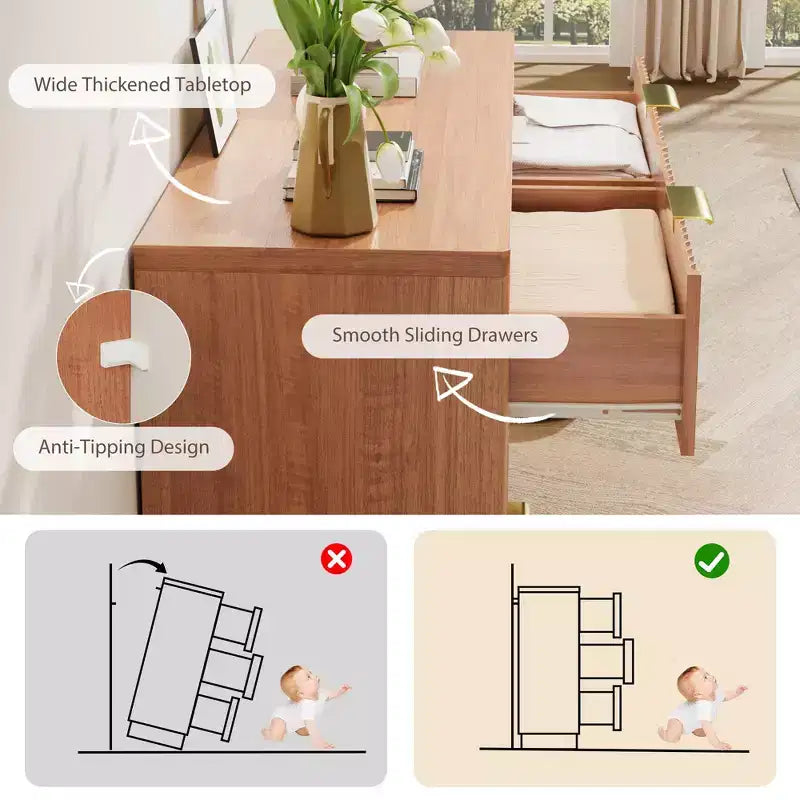 Kommode mit 6 Schubladen fürs Schlafzimmer, geriffelte Kommode mit 47 Schubladen, kompakte Holzkommode mit goldfarbenen Metallgriffen fürs Wohnzimmer