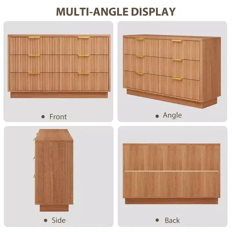 Cómoda de 6 cajones para dormitorio, cajonera acanalada de 47 para dormitorio, cómoda compacta de madera con tiradores metálicos dorados para sala de estar