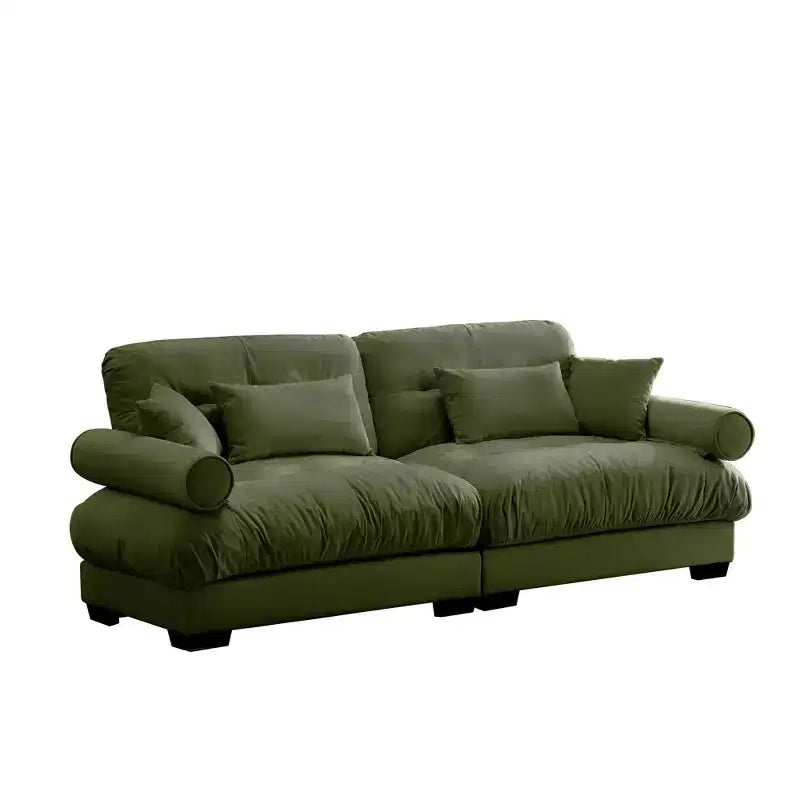 Sofá moderno de dos plazas con apoyabrazos acolchados, cojines lumbares y cojines decorativos para sala de estar, recibidor y dormitorio, verde oliva