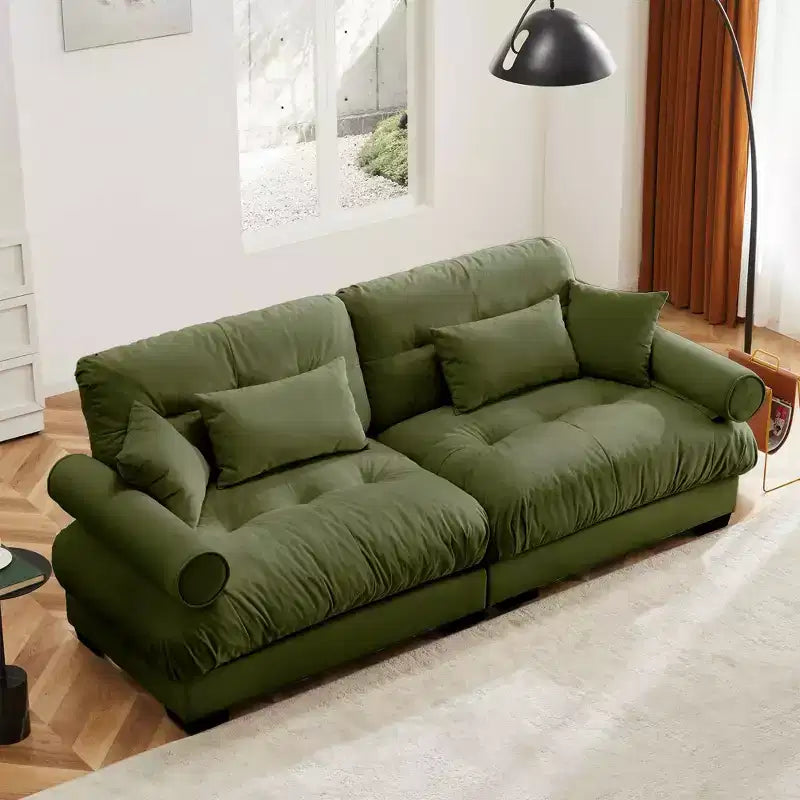 Canapé moderne deux places avec accoudoirs rembourrés, coussins lombaires et coussins décoratifs, pour le salon, le couloir ou la chambre, vert olive