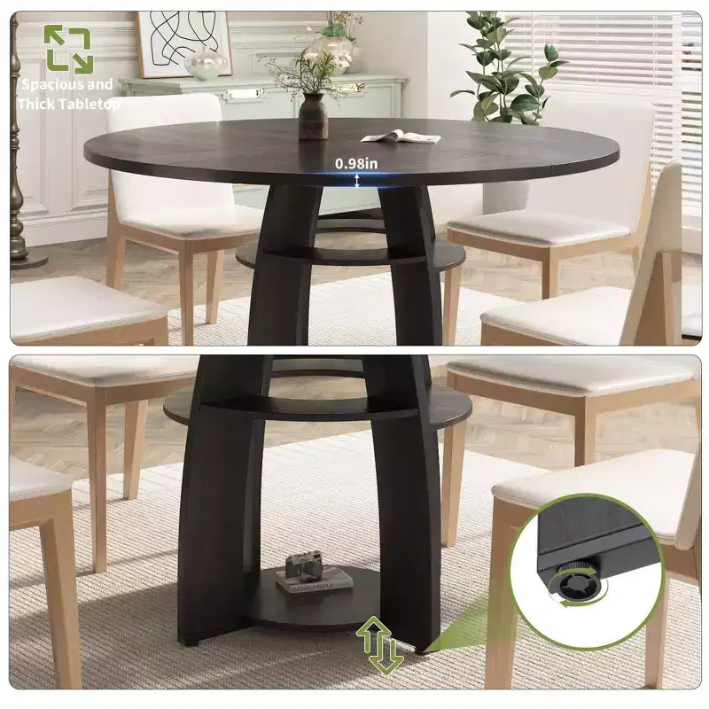Table à manger ronde peu encombrante de 47 pour 4 à 6 personnes, étagère de rangement, pieds réglables, surface facile à nettoyer