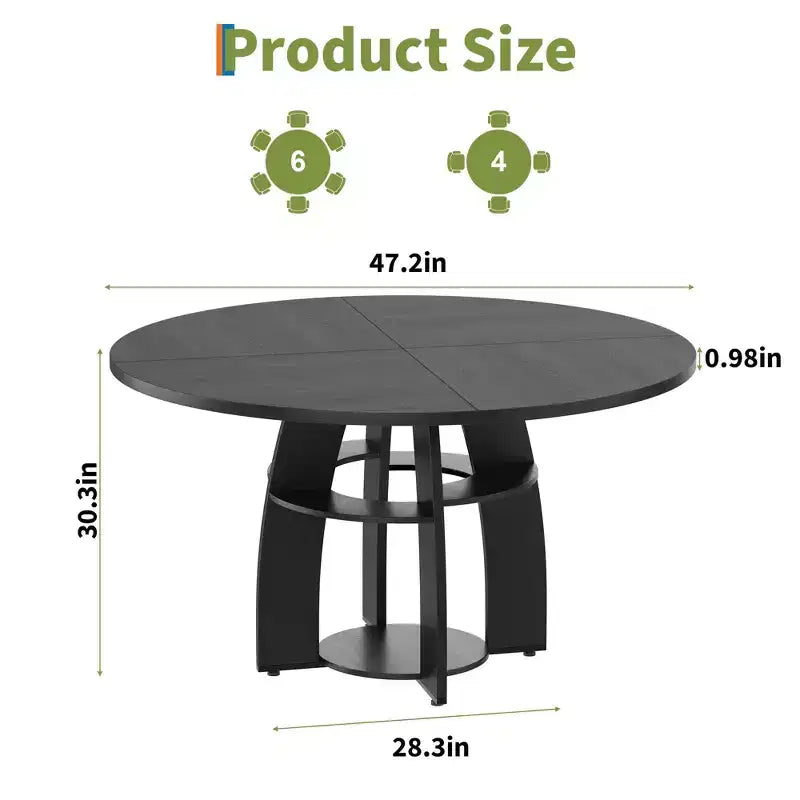Table à manger ronde peu encombrante de 47 pour 4 à 6 personnes, étagère de rangement, pieds réglables, surface facile à nettoyer