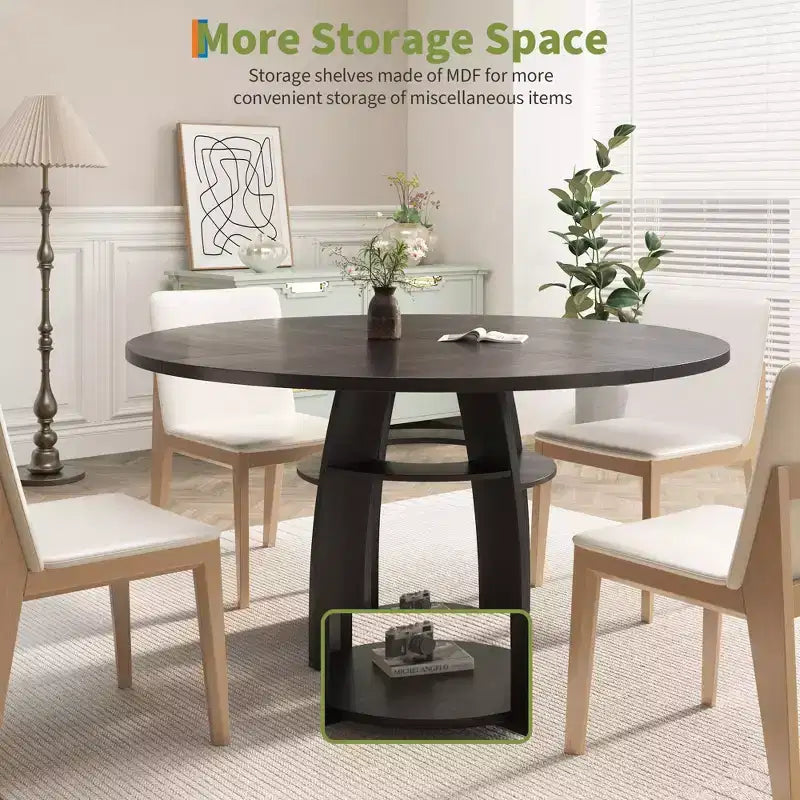 Table à manger ronde peu encombrante de 47 pour 4 à 6 personnes, étagère de rangement, pieds réglables, surface facile à nettoyer
