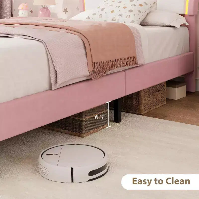 Einzelbettgestell mit Schublade und LED-Leuchten, gepolstertes Samtbett mit Plattform und blütenförmigem Kopfteil, stabil für Kinder und Mädchen, kein Lattenrost erforderlich