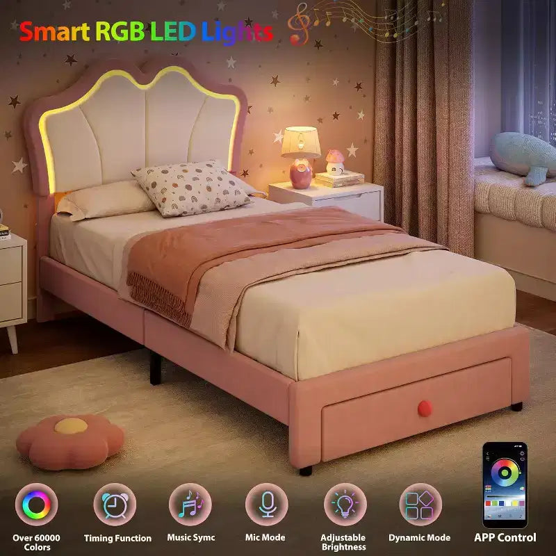 Einzelbettgestell mit Schublade und LED-Leuchten, gepolstertes Samtbett mit Plattform und blütenförmigem Kopfteil, stabil für Kinder und Mädchen, kein Lattenrost erforderlich