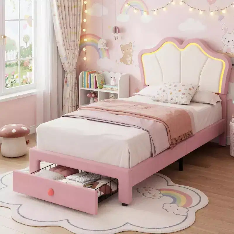 Einzelbettgestell mit Schublade und LED-Leuchten, gepolstertes Samtbett mit Plattform und blütenförmigem Kopfteil, stabil für Kinder und Mädchen, kein Lattenrost erforderlich