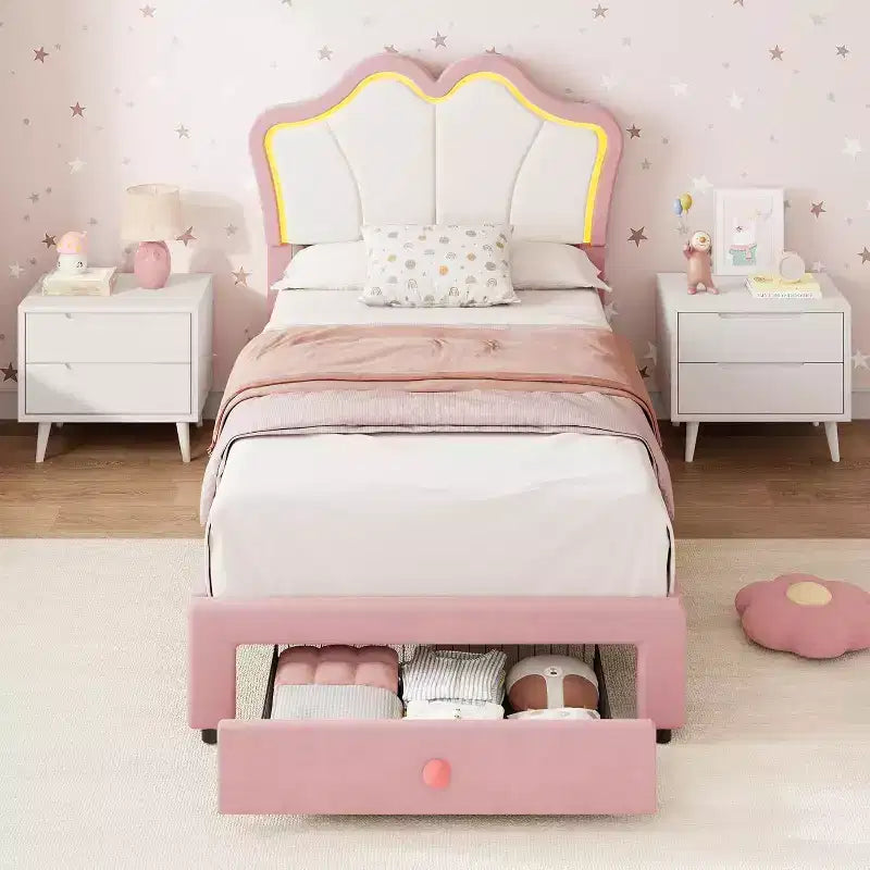 Einzelbettgestell mit Schublade und LED-Leuchten, gepolstertes Samtbett mit Plattform und blütenförmigem Kopfteil, stabil für Kinder und Mädchen, kein Lattenrost erforderlich
