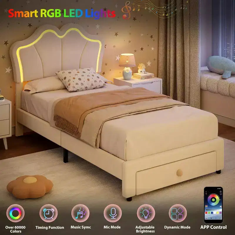 Einzelbettgestell mit Schublade und LED-Leuchten, gepolstertes Samtbett mit Plattform und blütenförmigem Kopfteil, stabil für Kinder und Mädchen, kein Lattenrost erforderlich