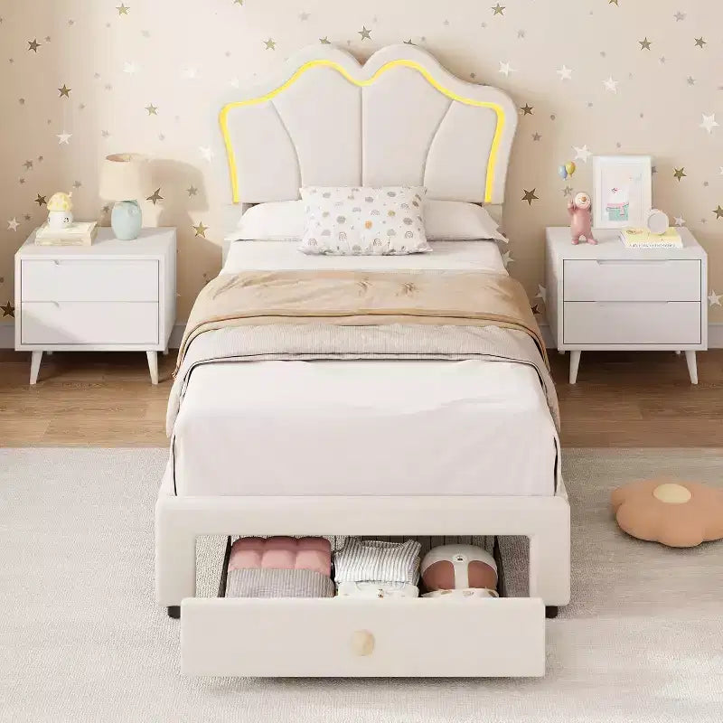 Einzelbettgestell mit Schublade und LED-Leuchten, gepolstertes Samtbett mit Plattform und blütenförmigem Kopfteil, stabil für Kinder und Mädchen, kein Lattenrost erforderlich