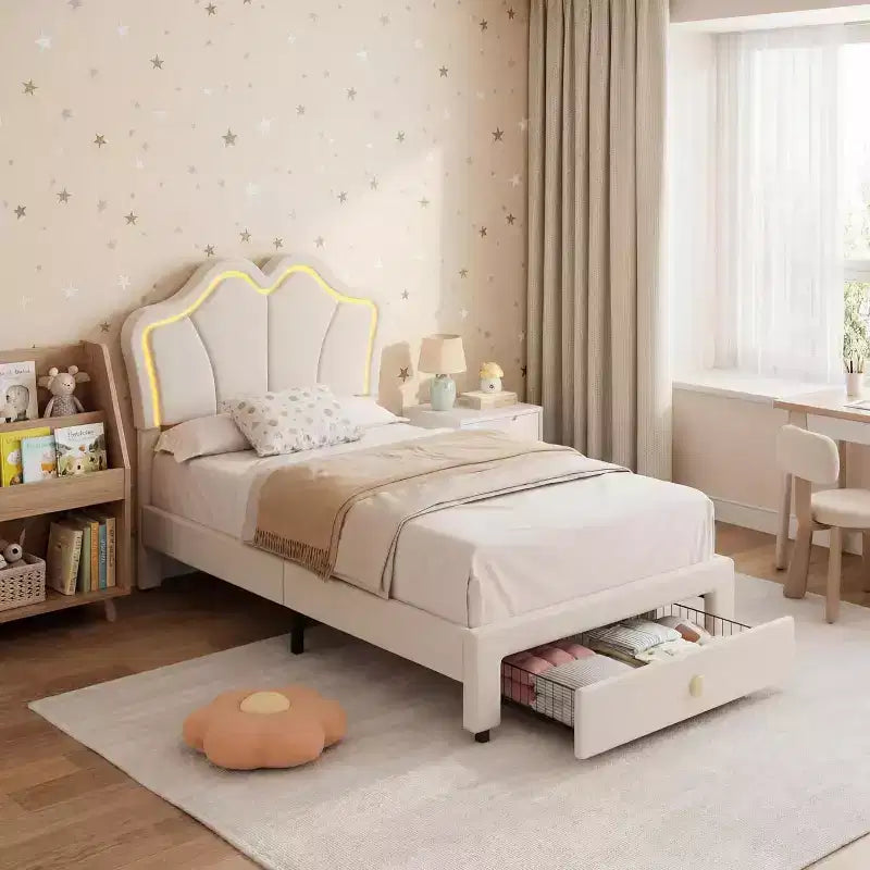Einzelbettgestell mit Schublade und LED-Leuchten, gepolstertes Samtbett mit Plattform und blütenförmigem Kopfteil, stabil für Kinder und Mädchen, kein Lattenrost erforderlich