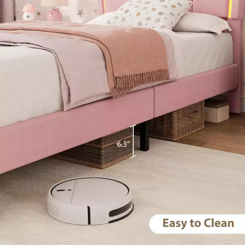 Cadre de lit simple avec tiroir et éclairage LED, lit plateforme rembourré de velours avec tête de lit en forme de pétales, robuste, pour enfants et filles, sans sommier requis