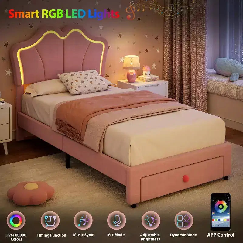 Einzelbettgestell mit Schublade und LED-Leuchten, gepolstertes Samtbett mit Plattform und blütenförmigem Kopfteil, stabil für Kinder und Mädchen, kein Lattenrost erforderlich