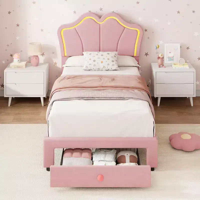 Cadre de lit simple avec tiroir et éclairage LED, lit plateforme rembourré de velours avec tête de lit en forme de pétales, robuste, pour enfants et filles, sans sommier requis