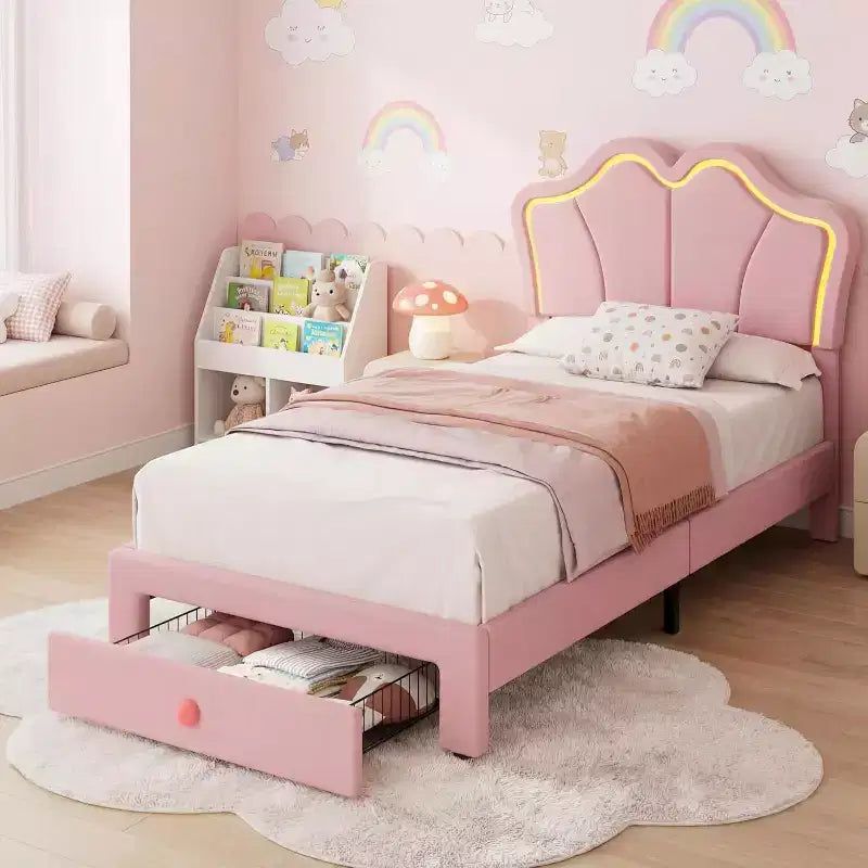 Einzelbettgestell mit Schublade und LED-Leuchten, gepolstertes Samtbett mit Plattform und blütenförmigem Kopfteil, stabil für Kinder und Mädchen, kein Lattenrost erforderlich