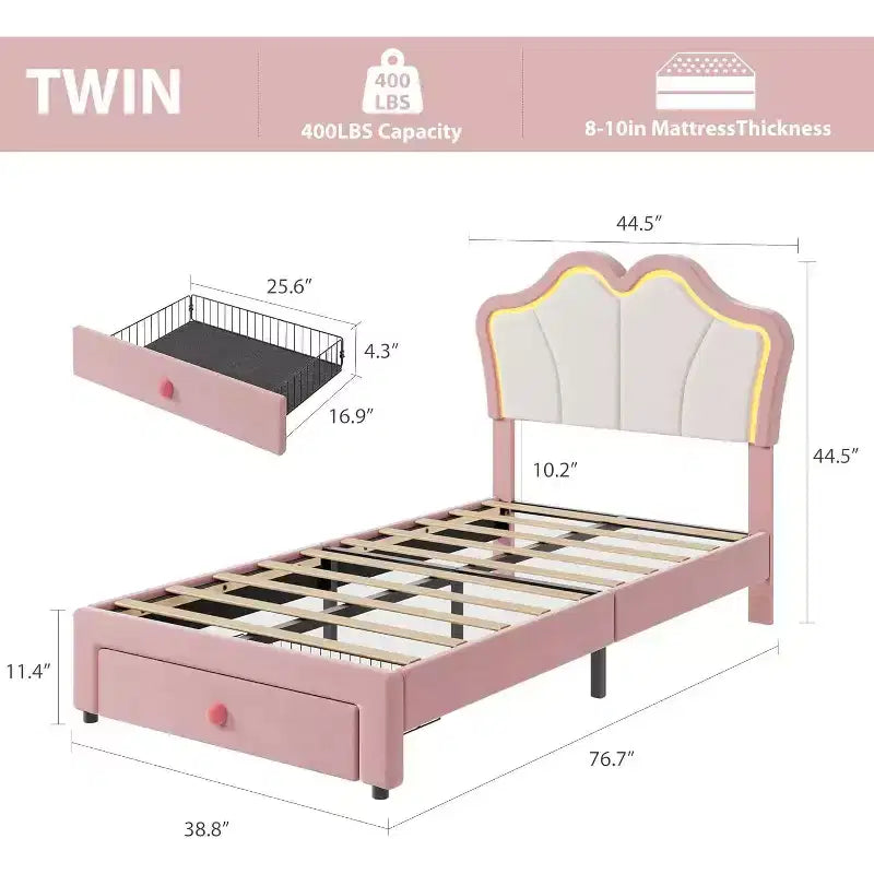 Cadre de lit simple avec tiroir et éclairage LED, lit plateforme rembourré de velours avec tête de lit en forme de pétales, robuste, pour enfants et filles, sans sommier requis