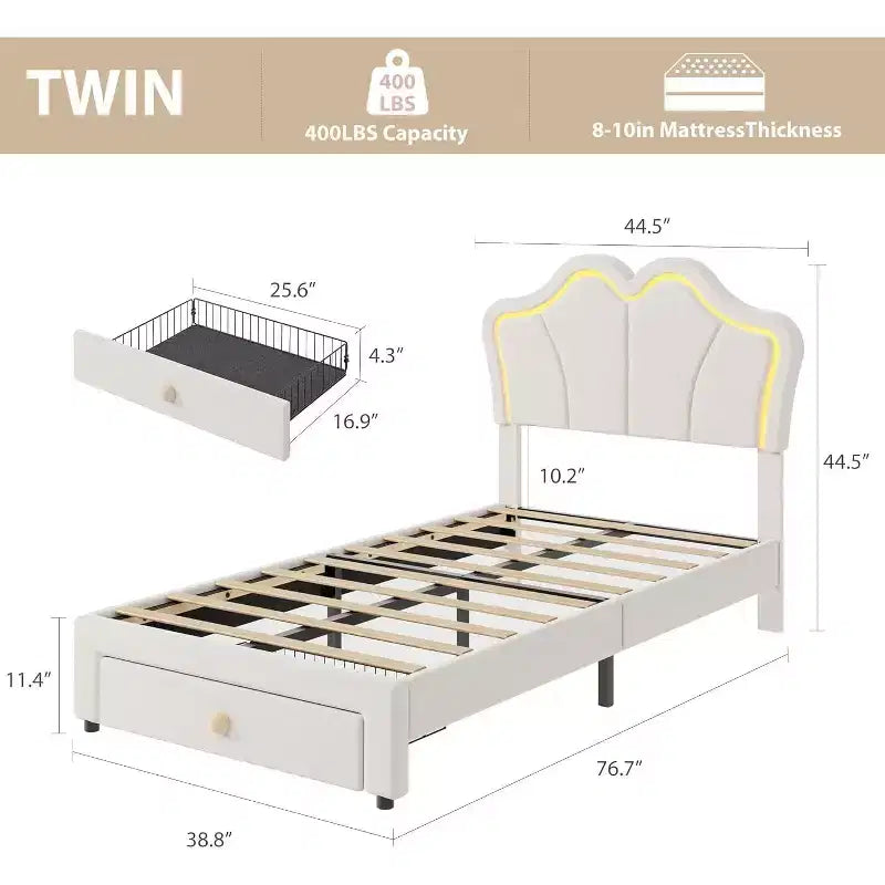 Cadre de lit simple avec tiroir et éclairage LED, lit plateforme rembourré de velours avec tête de lit en forme de pétales, robuste, pour enfants et filles, sans sommier requis