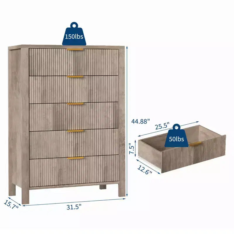 Cómoda de 5 cajones para dormitorio, mesita de noche alta y estrecha de 44 pulgadas con diseño acanalado, cómoda de madera, gabinete de almacenamiento y organizador para sala de estar y recibidor