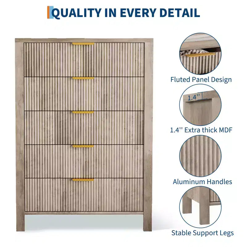 Cómoda de 5 cajones para dormitorio, mesita de noche alta y estrecha de 44 pulgadas con diseño acanalado, cómoda de madera, gabinete de almacenamiento y organizador para sala de estar y recibidor
