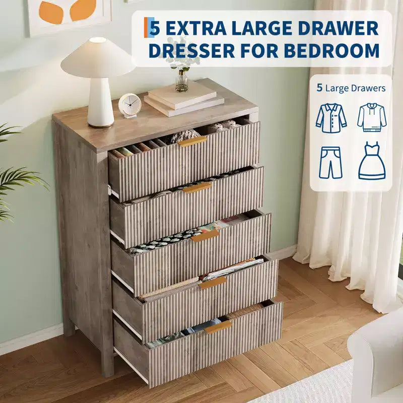 Cómoda de 5 cajones para dormitorio, mesita de noche alta y estrecha de 44 pulgadas con diseño acanalado, cómoda de madera, gabinete de almacenamiento y organizador para sala de estar y recibidor