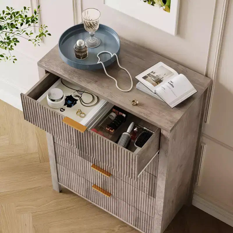 Cómoda de 5 cajones para dormitorio, mesita de noche alta y estrecha de 44 pulgadas con diseño acanalado, cómoda de madera, gabinete de almacenamiento y organizador para sala de estar y recibidor
