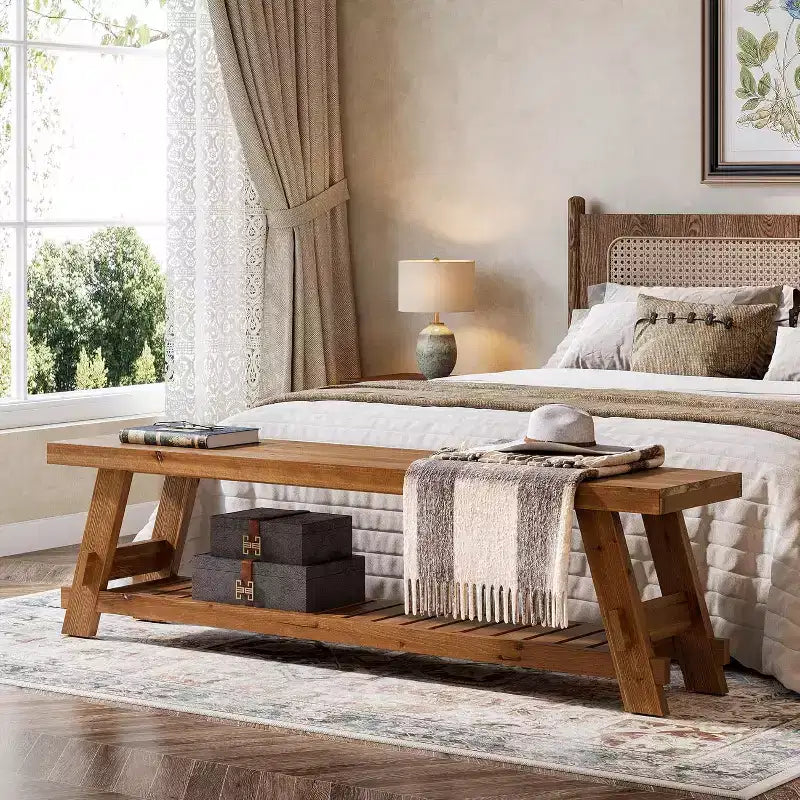 Banc à chaussures de 63 en bois massif, banc de ferme pour entrée avec étagère de rangement, banc de salle à manger pour entrée, chambre ou vestiaire, brun rustique