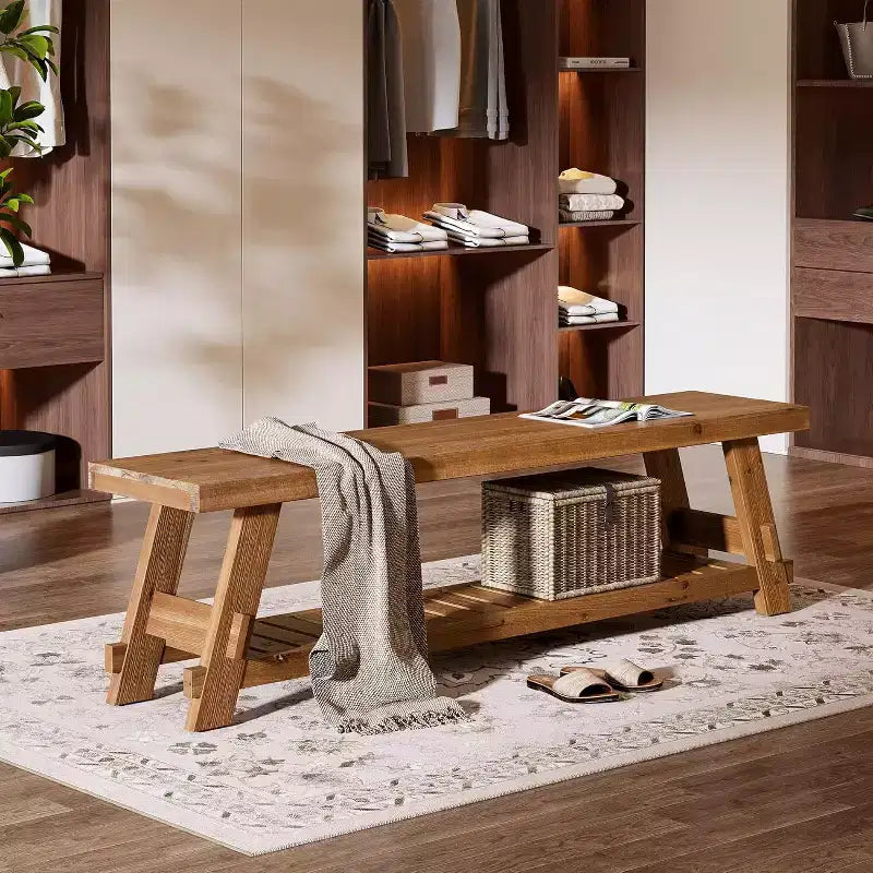 Banco zapatero de madera maciza de 63 pulgadas, banco de entrada estilo granja con estante de almacenamiento, banco de comedor para recibidor, dormitorio o cuarto de servicio, marrón rústico