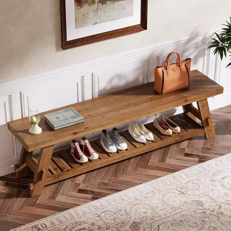 Banco zapatero de madera maciza de 63 pulgadas, banco de entrada estilo granja con estante de almacenamiento, banco de comedor para recibidor, dormitorio o cuarto de servicio, marrón rústico