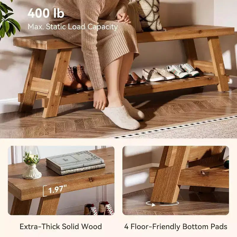 Banco zapatero de madera maciza de 63 pulgadas, banco de entrada estilo granja con estante de almacenamiento, banco de comedor para recibidor, dormitorio o cuarto de servicio, marrón rústico