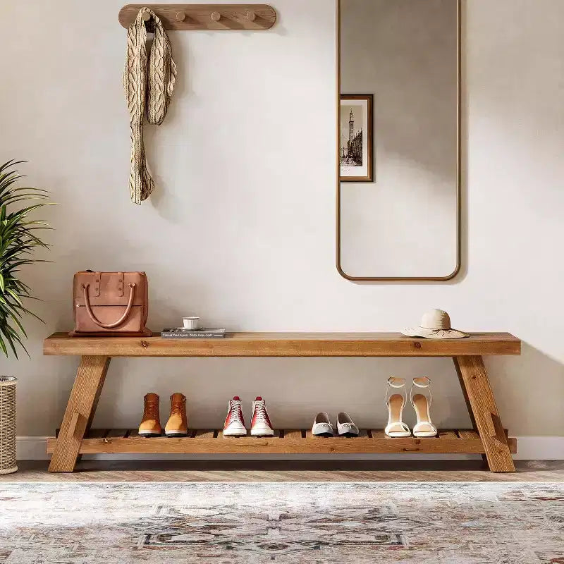 Banco zapatero de madera maciza de 63 pulgadas, banco de entrada estilo granja con estante de almacenamiento, banco de comedor para recibidor, dormitorio o cuarto de servicio, marrón rústico