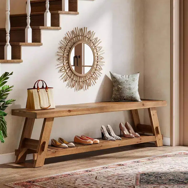 Banco zapatero de madera maciza de 63 pulgadas, banco de entrada estilo granja con estante de almacenamiento, banco de comedor para recibidor, dormitorio o cuarto de servicio, marrón rústico