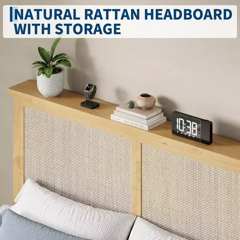 Cadre de lit en rotin avec tête de lit en rotin naturel et éclairage LED, support à lattes en bois, sans sommier requis, naturel