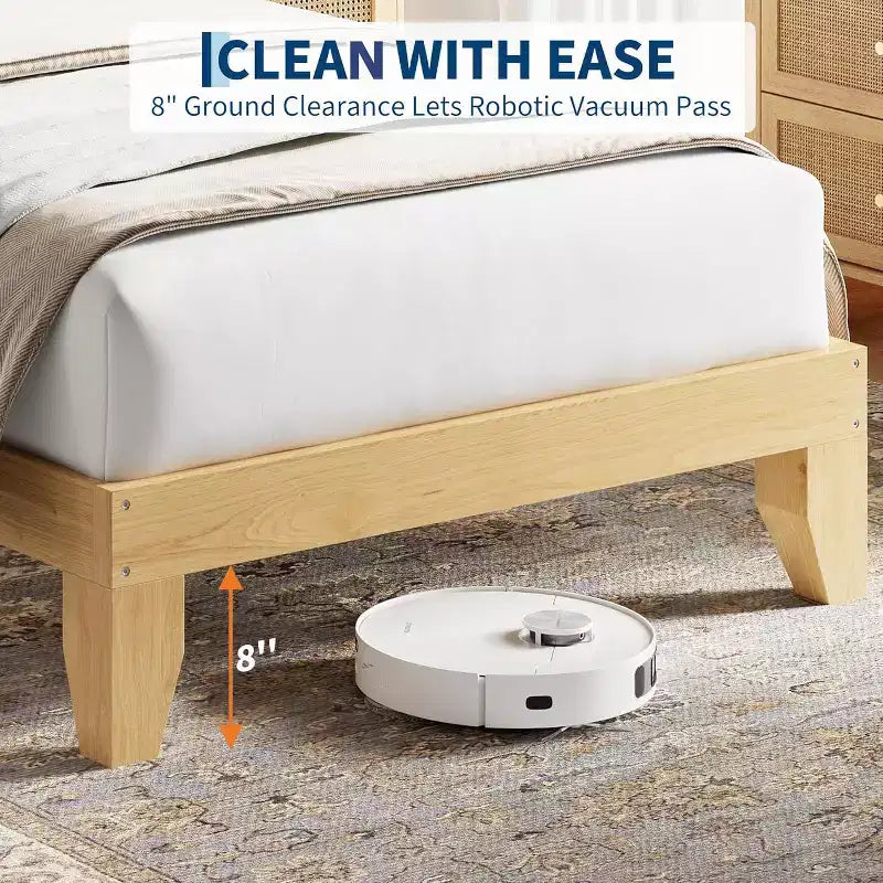 Cadre de lit en rotin avec tête de lit en rotin naturel et éclairage LED, support à lattes en bois, sans sommier requis, naturel