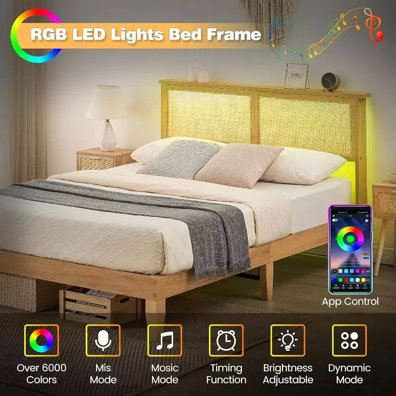 Cadre de lit en rotin avec tête de lit en rotin naturel et éclairage LED, support à lattes en bois, sans sommier requis, naturel