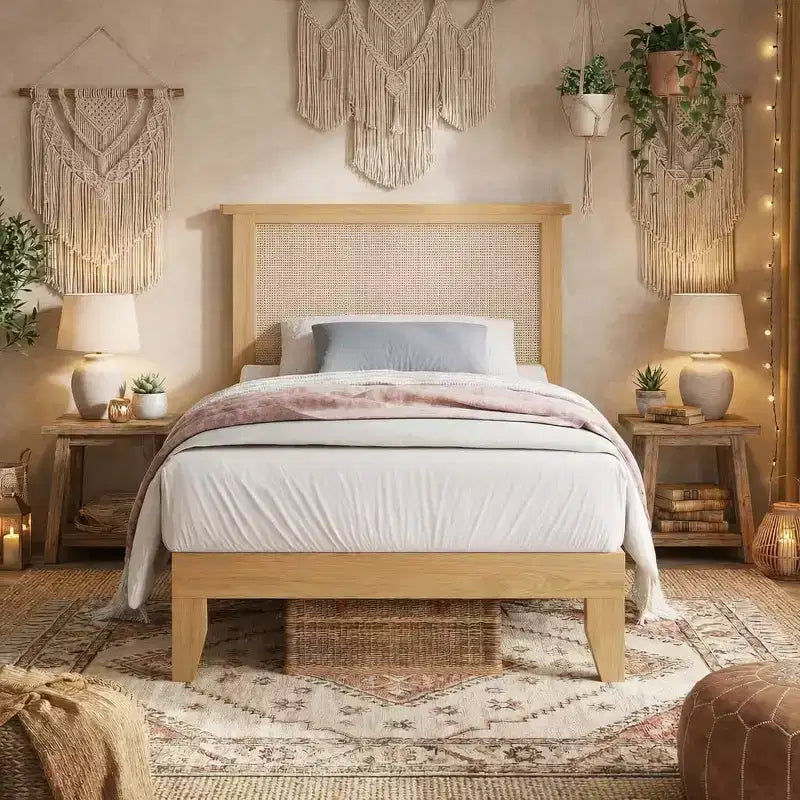 Cadre de lit en rotin avec tête de lit en rotin naturel et éclairage LED, support à lattes en bois, sans sommier requis, naturel